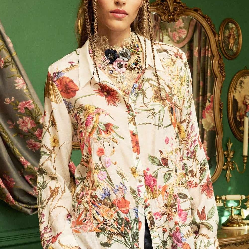 Florals For SPRING White Floral Button-Front Blouse with Red & Yellow Blooms - Picture 11 of 12